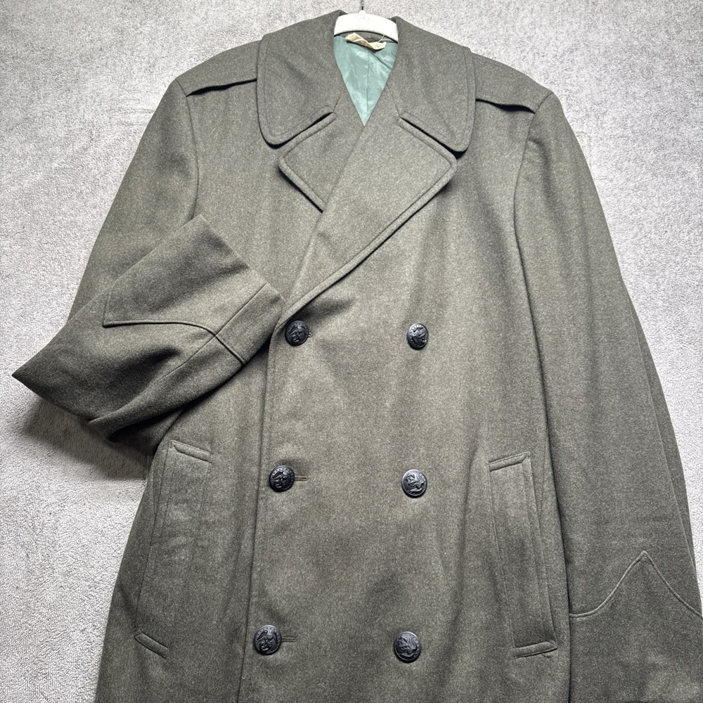 Vintage U.S. Army 36L Wool Overcoat Kersey Green 100% Wool Military WWII Era